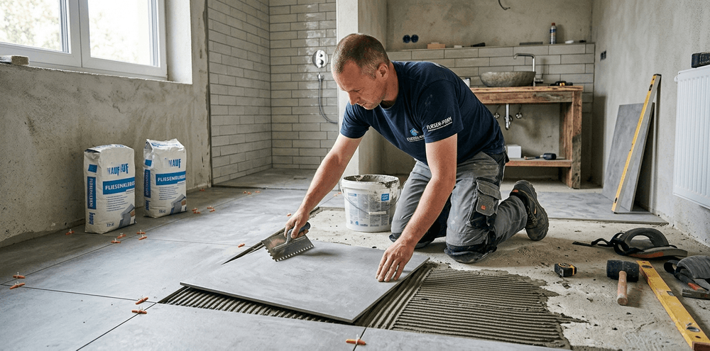 Fliesenleger für präzise Fliesenarbeiten in Bad und Küche. Professionelle Verlegung von Wand und Bodenfliesen im Innenbereich.